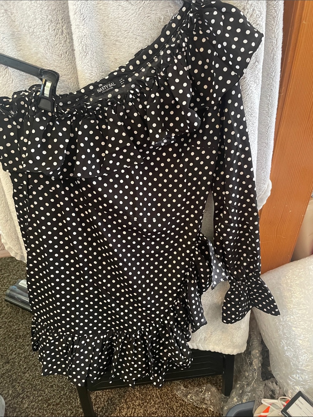 Nasty Gal Black & White Polka Dot Off-Shoulder Dress